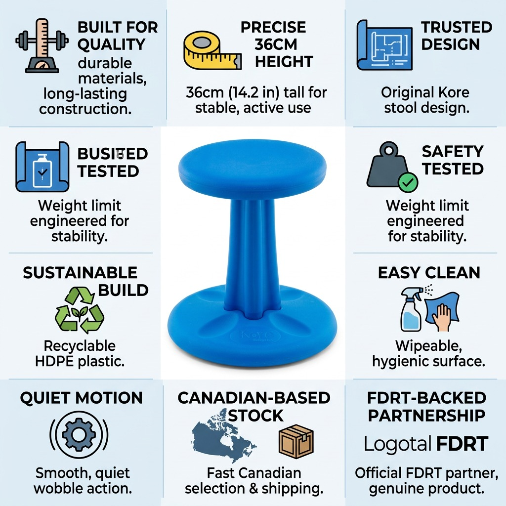 Infographic for blue Kore Design Junior Wobble Stool highlighting quality build and 36cm height.