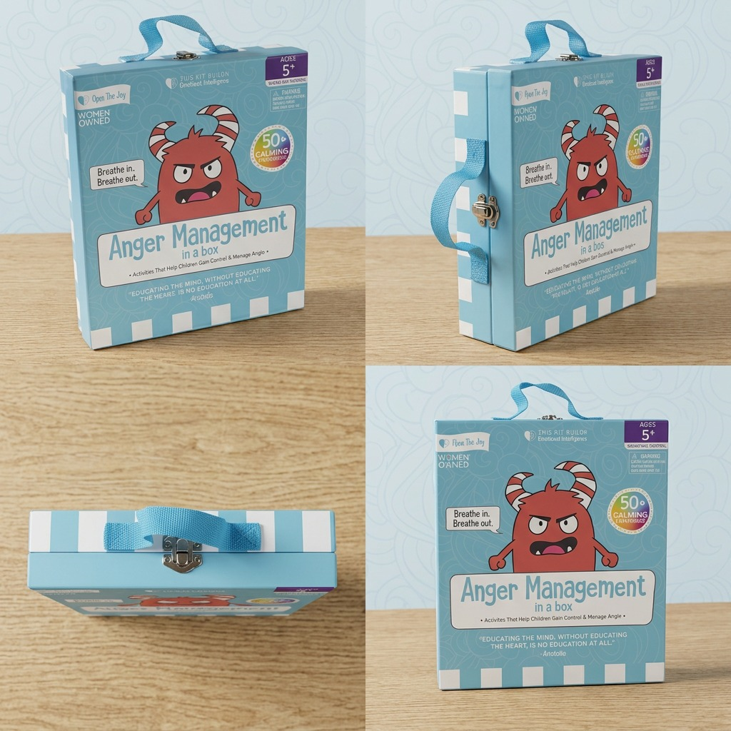 PDP matrix showing the fdmt Anger Management in a Box, a red monster art activity kit, from four distinct angles on a grid.