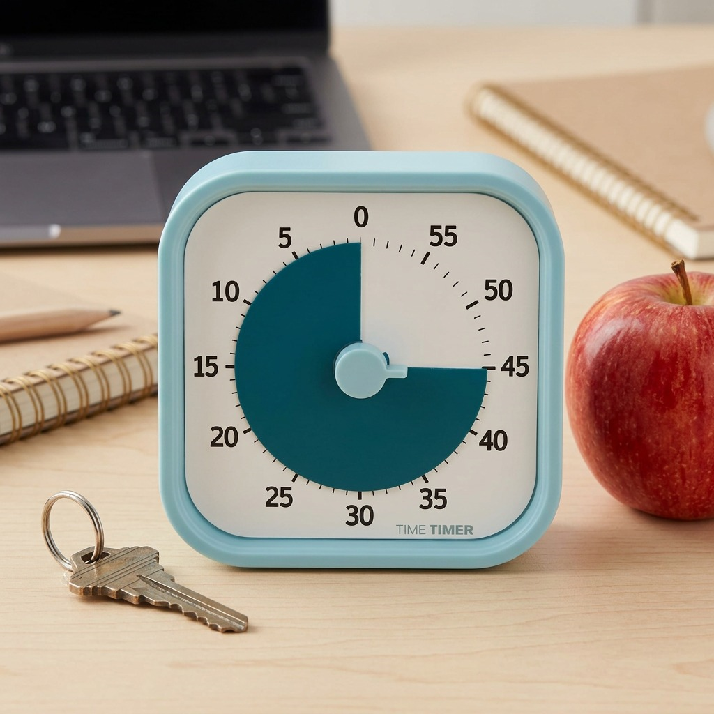 A scale reference image for fdmt TT MOD Home Edition (Lake Day Blue), model 4225300. Pictured beside a common house key and an apple, as customers would see it on a home or office desk.