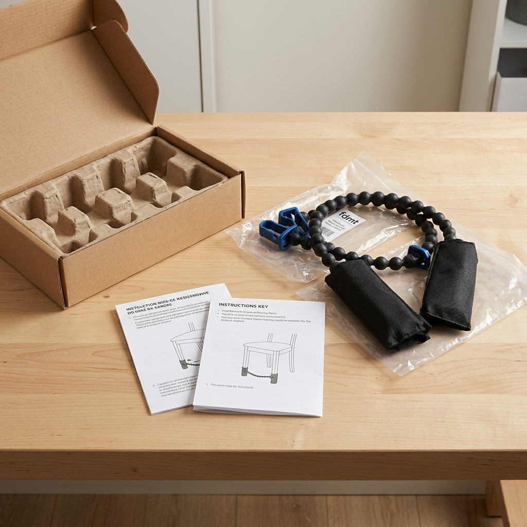 A fdmt Universal Bouncy Band unboxed with protective cardboard insert, instructions, and carry bag.