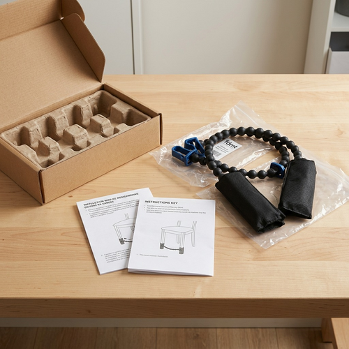 A fdmt Universal Bouncy Band unboxed with protective cardboard insert, instructions, and carry bag.