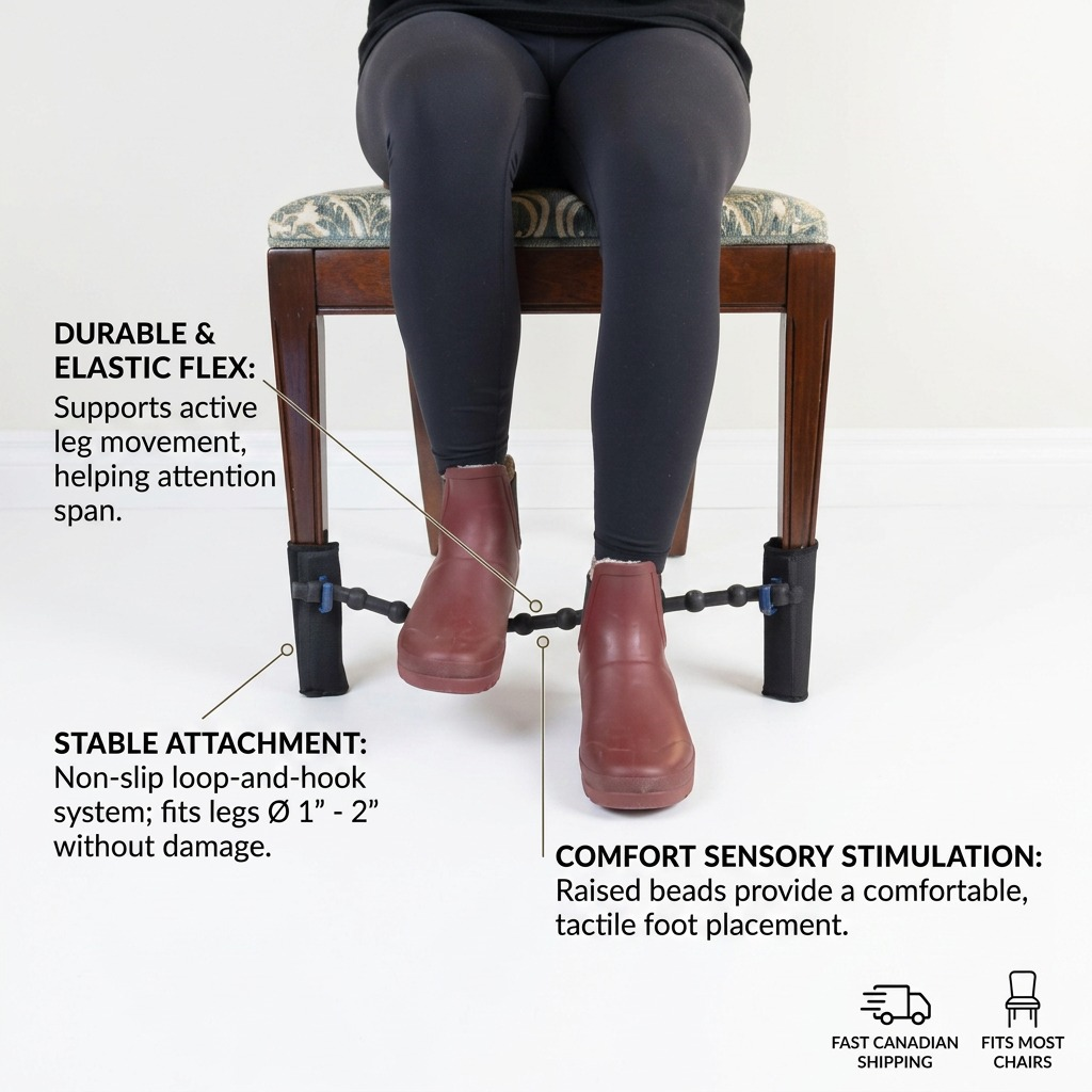 fdmt Universal Bouncy Band on chair legs with feature callouts for elastic flex and tactile beads.