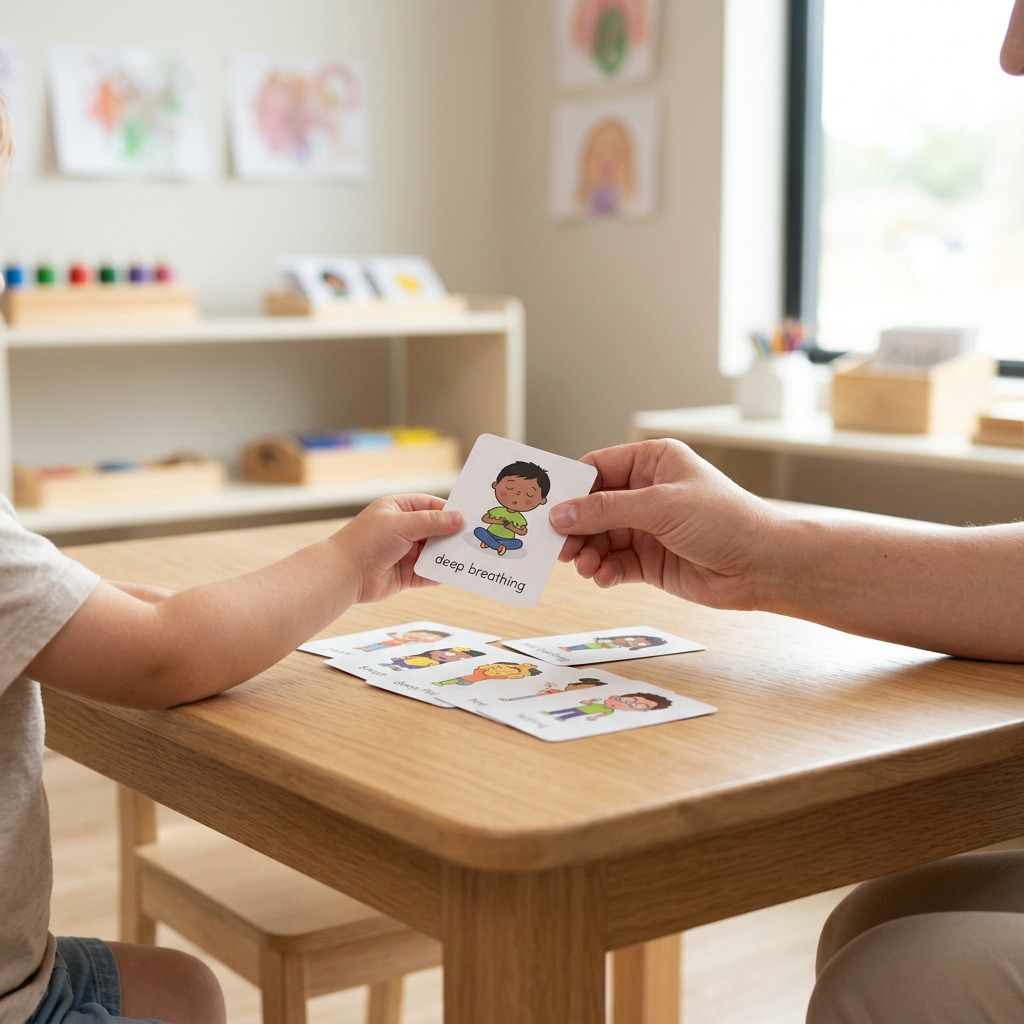 A close-up of hands selecting cards from an open fdmt Calming Strategies deck, with children and a teacher in the background.
