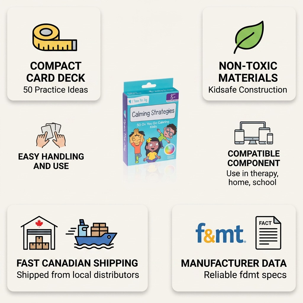 PDP visual matrix infographic for fdmt Calming Strategies Cards, focusing on product build quality, Canadian availability, and manufacturer information.