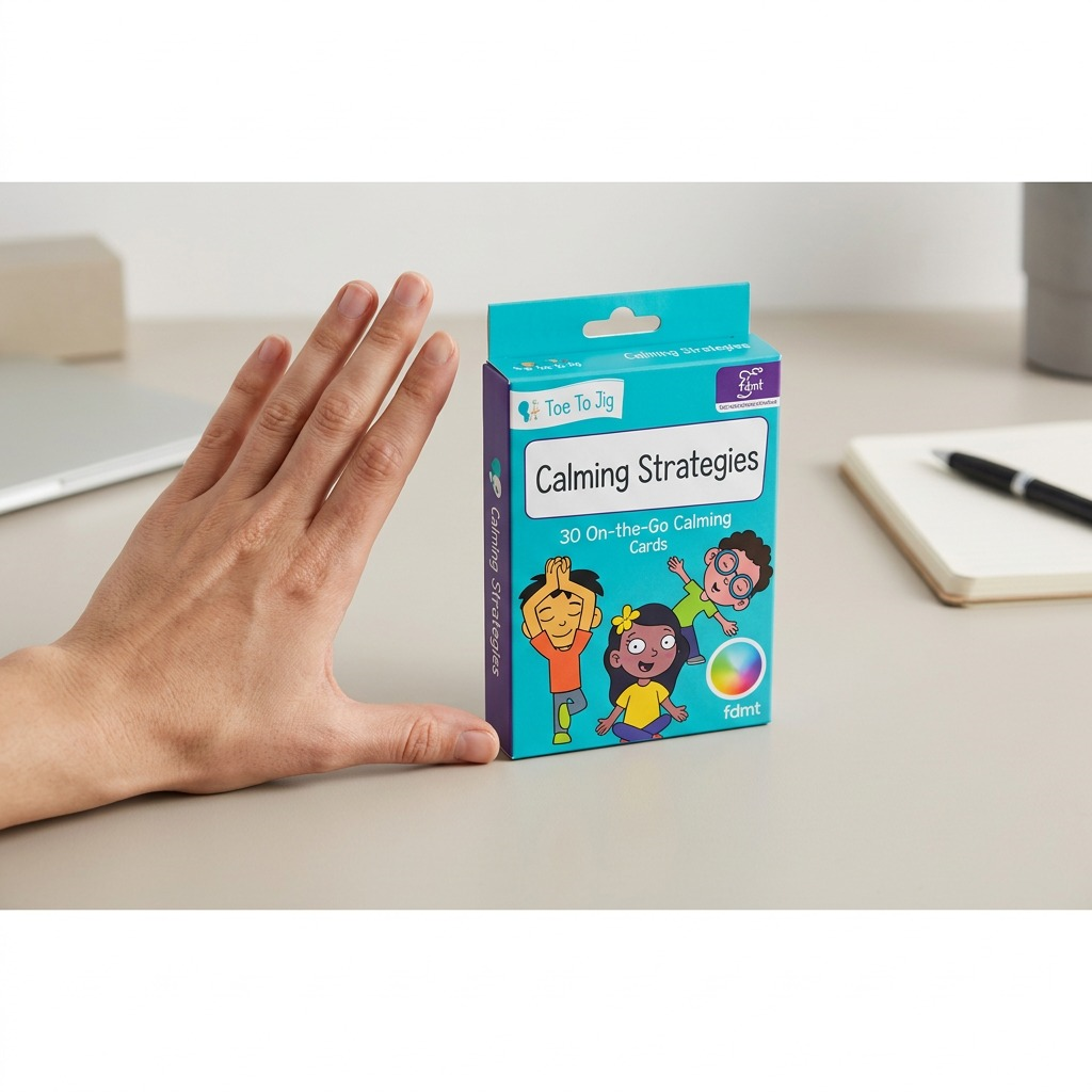fdmt Calming Strategies Cards, canonical teal box, placed beside a realistic human hand for size comparison.