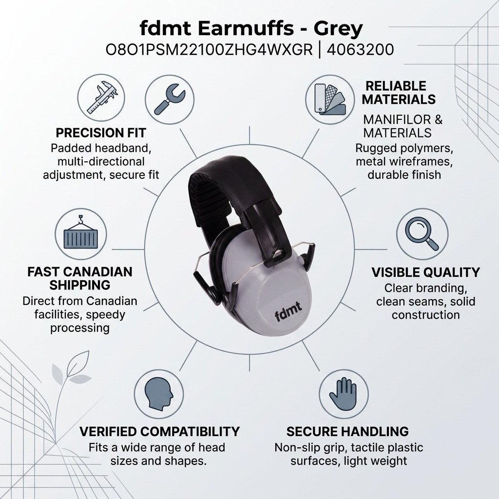 Infographic for fdmt Grey Earmuffs highlighting precision fit, durable materials, and fast Canadian shipping.