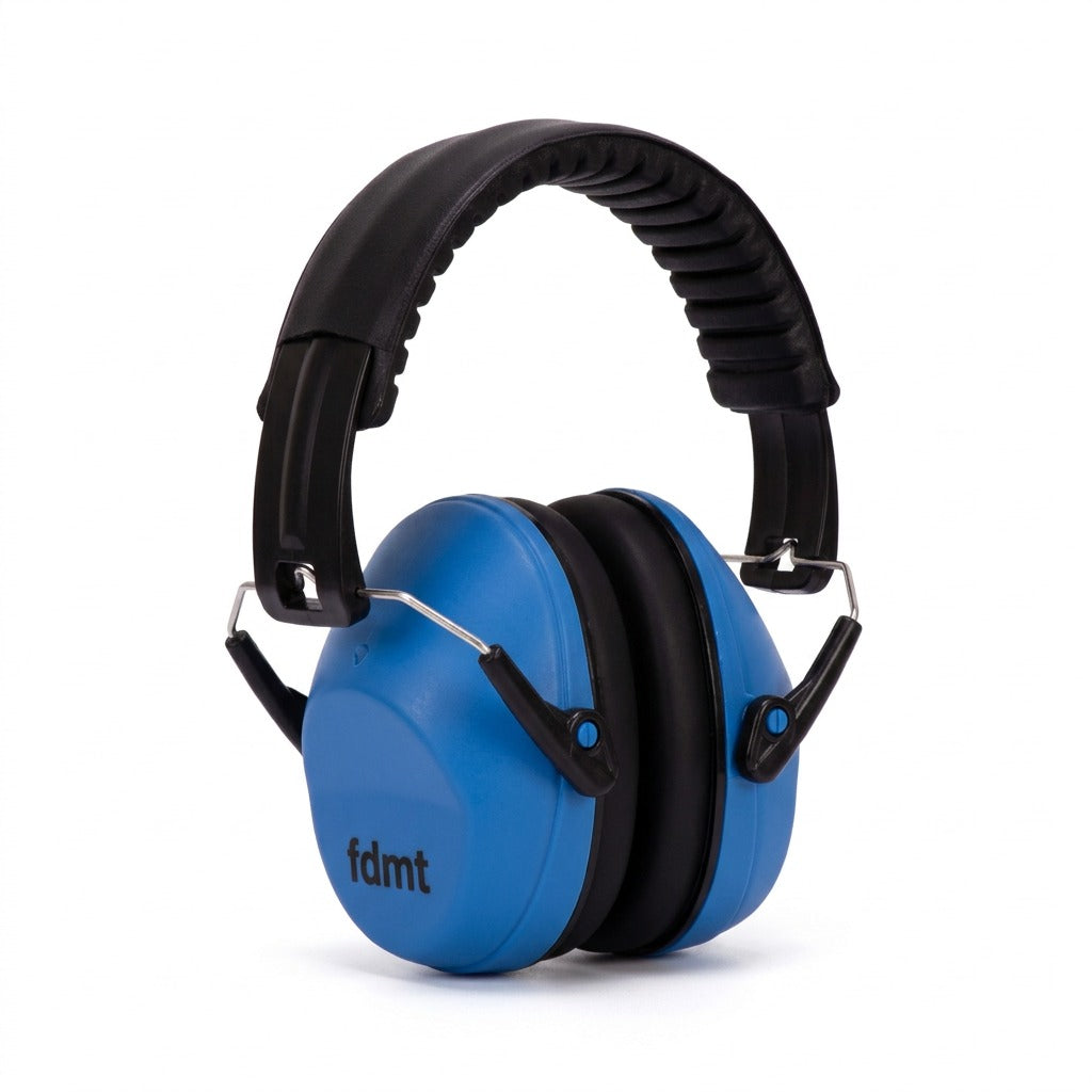 fdmt blue noise-reducing earmuffs with cushioned black ear pads and padded adjustable headband.
