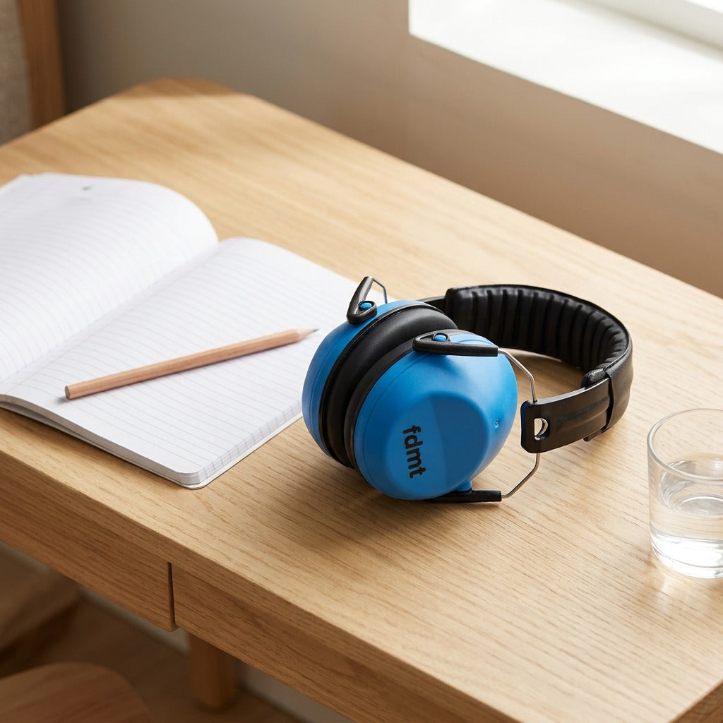 Blue fdmt noise-reducing earmuffs resting on a wooden desk next to an open notebook and pencil.