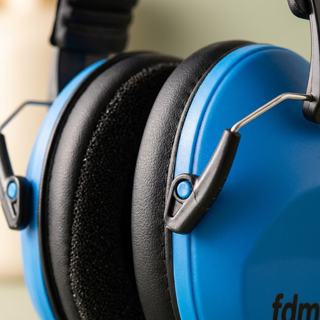 Close-up macro shot of blue fdmt noise-reducing earmuffs showing the padded black ear cushions.