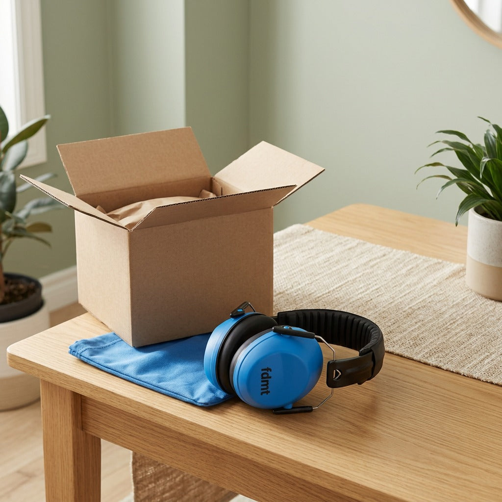 Blue fdmt noise-reducing earmuffs unpacked on a wooden table next to a storage pouch and cardboard box.