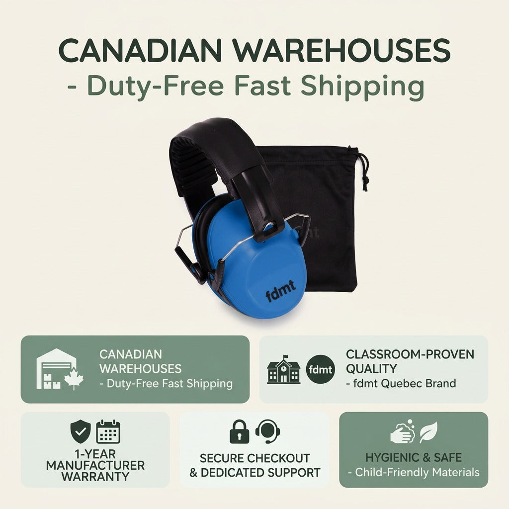 Blue fdmt noise-reducing earmuffs and pouch with trust badges highlighting fast Canadian shipping.