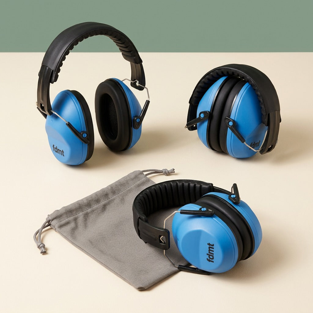 Blue fdmt noise-reducing earmuffs shown open, compactly folded, and resting beside a grey pouch.