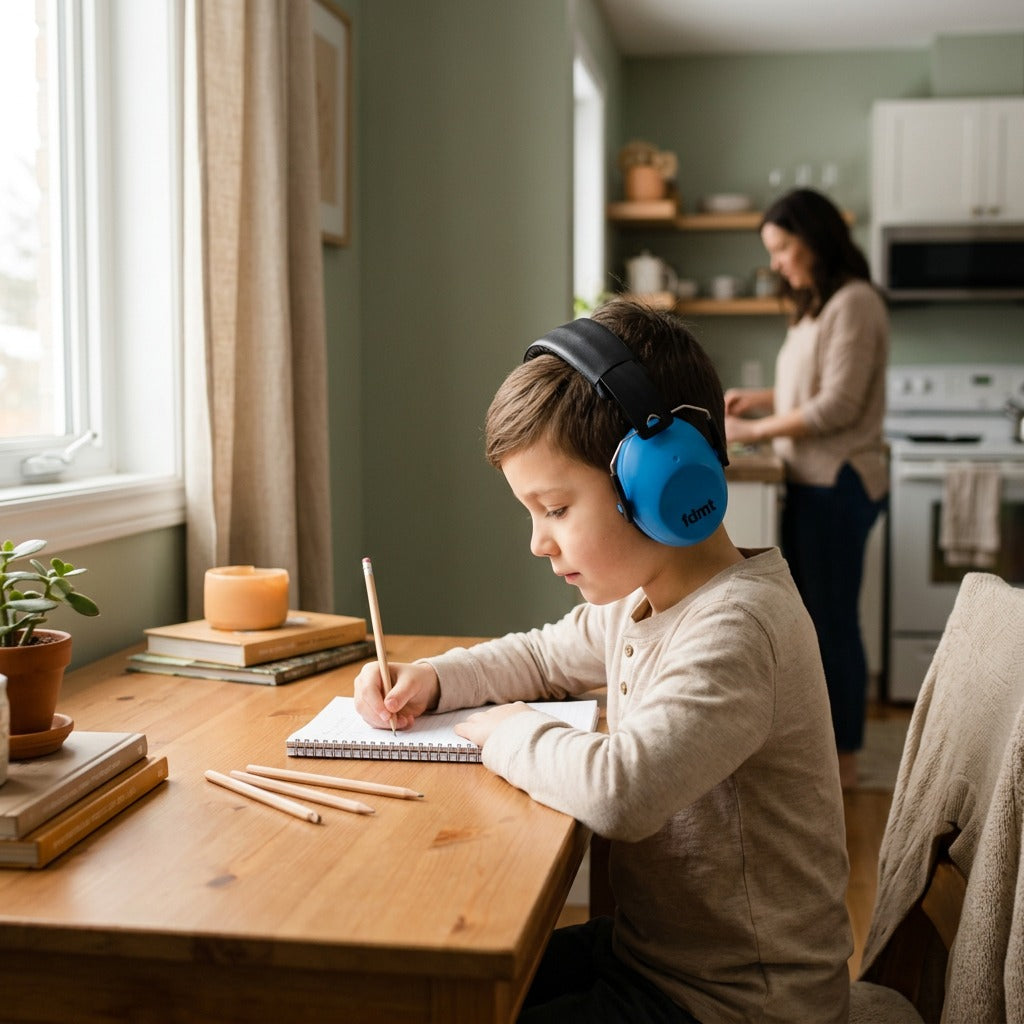 A child wears blue fdmt noise-reducing earmuffs while writing in a notebook at a home desk.