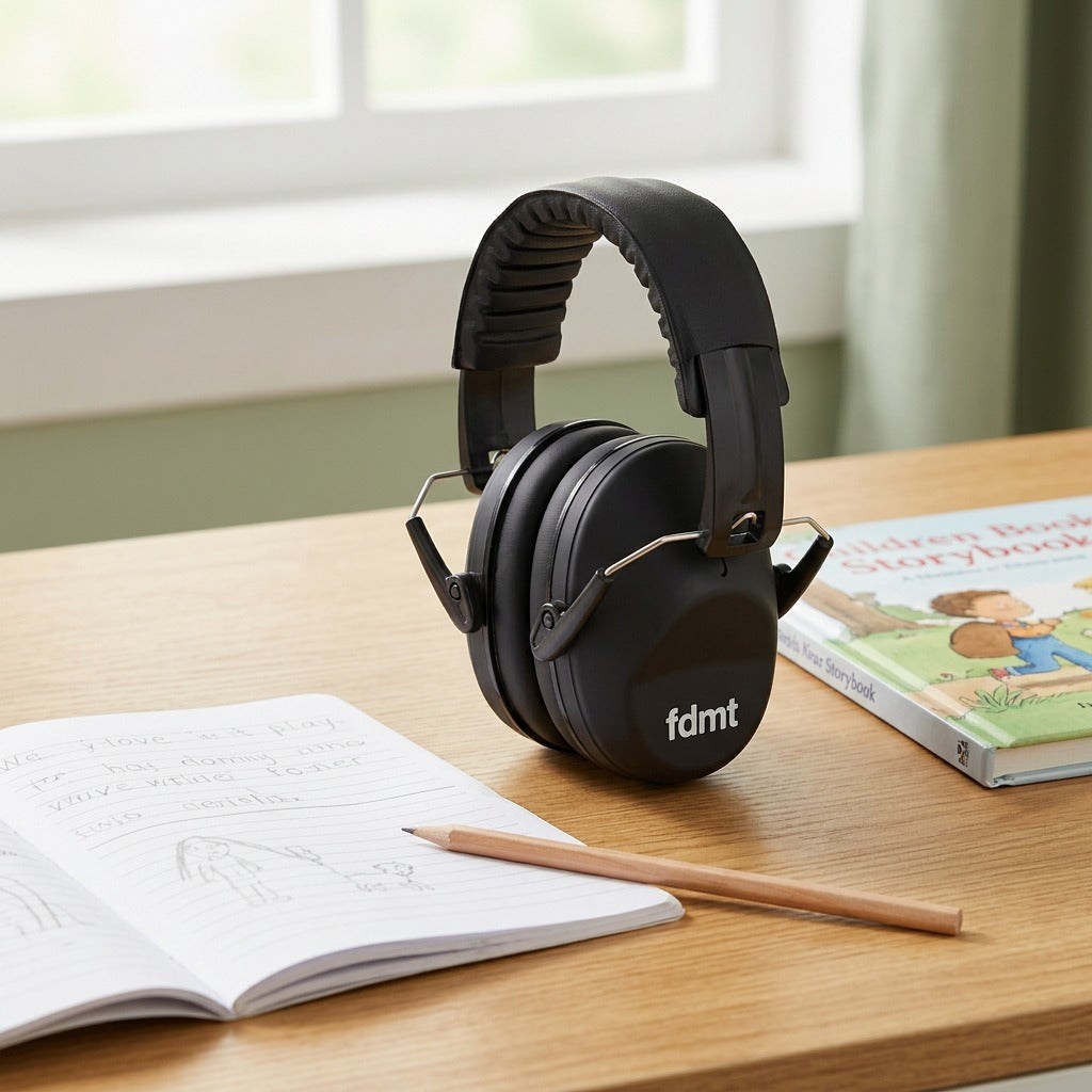fdmt black noise-reducing earmuffs on a desk next to an open notebook, pencil, and storybook.