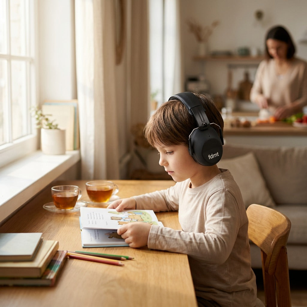A child wearing black fdmt noise-reducing earmuffs reading a book at a wooden table at home.
