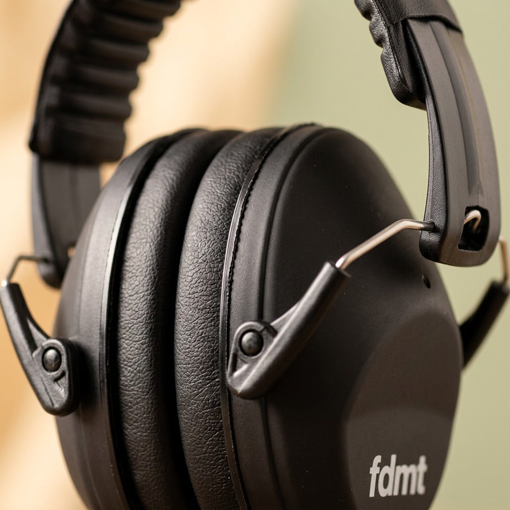 Close-up detail of black fdmt noise-reducing earmuffs showing soft padded ear cushions and hinge.