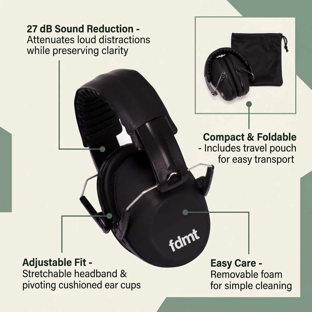 fdmt black noise-reducing earmuffs diagram highlighting fit, 27 dB reduction, and folding design.
