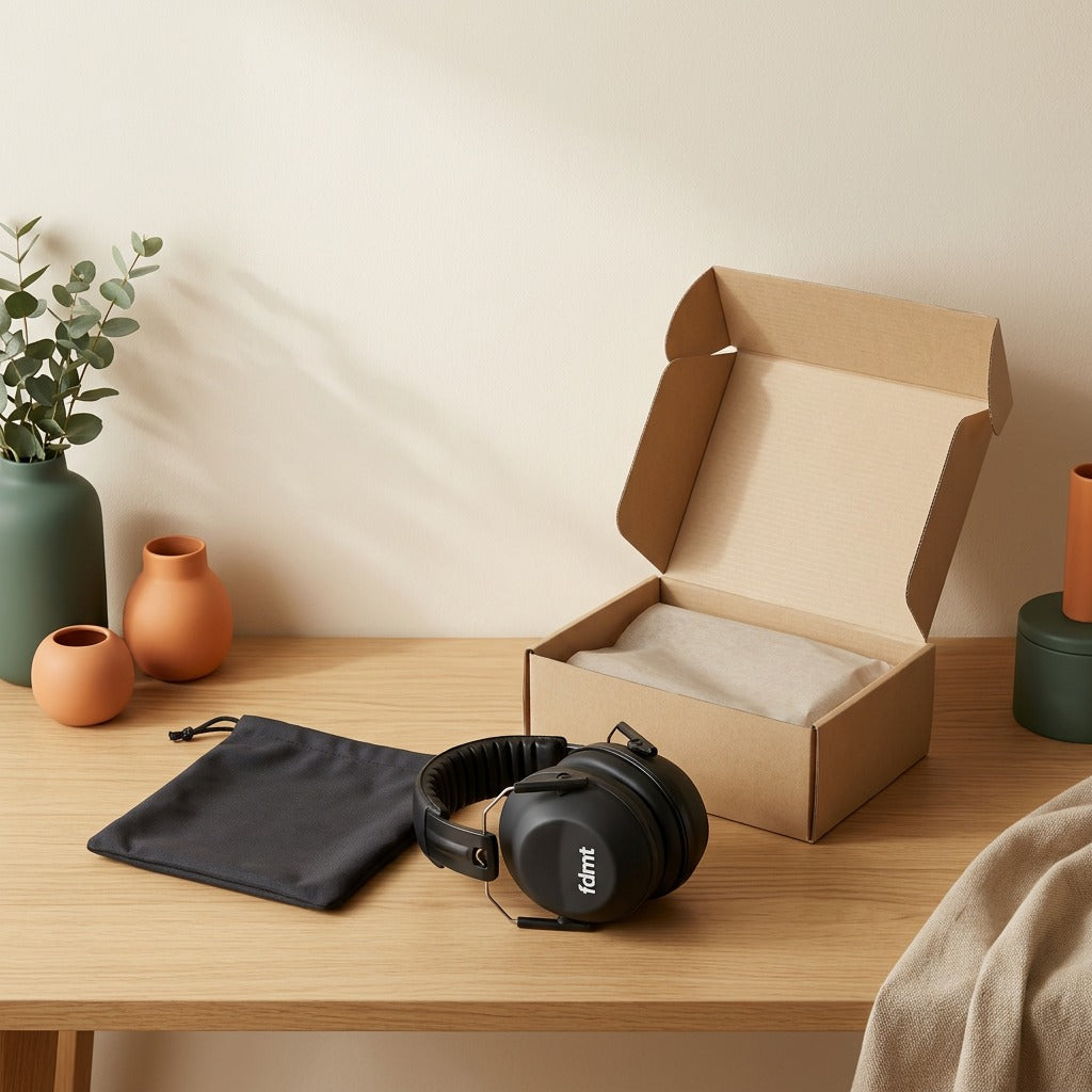 fdmt black noise-reducing earmuffs unboxed on a wooden table beside a pouch and packaging box.