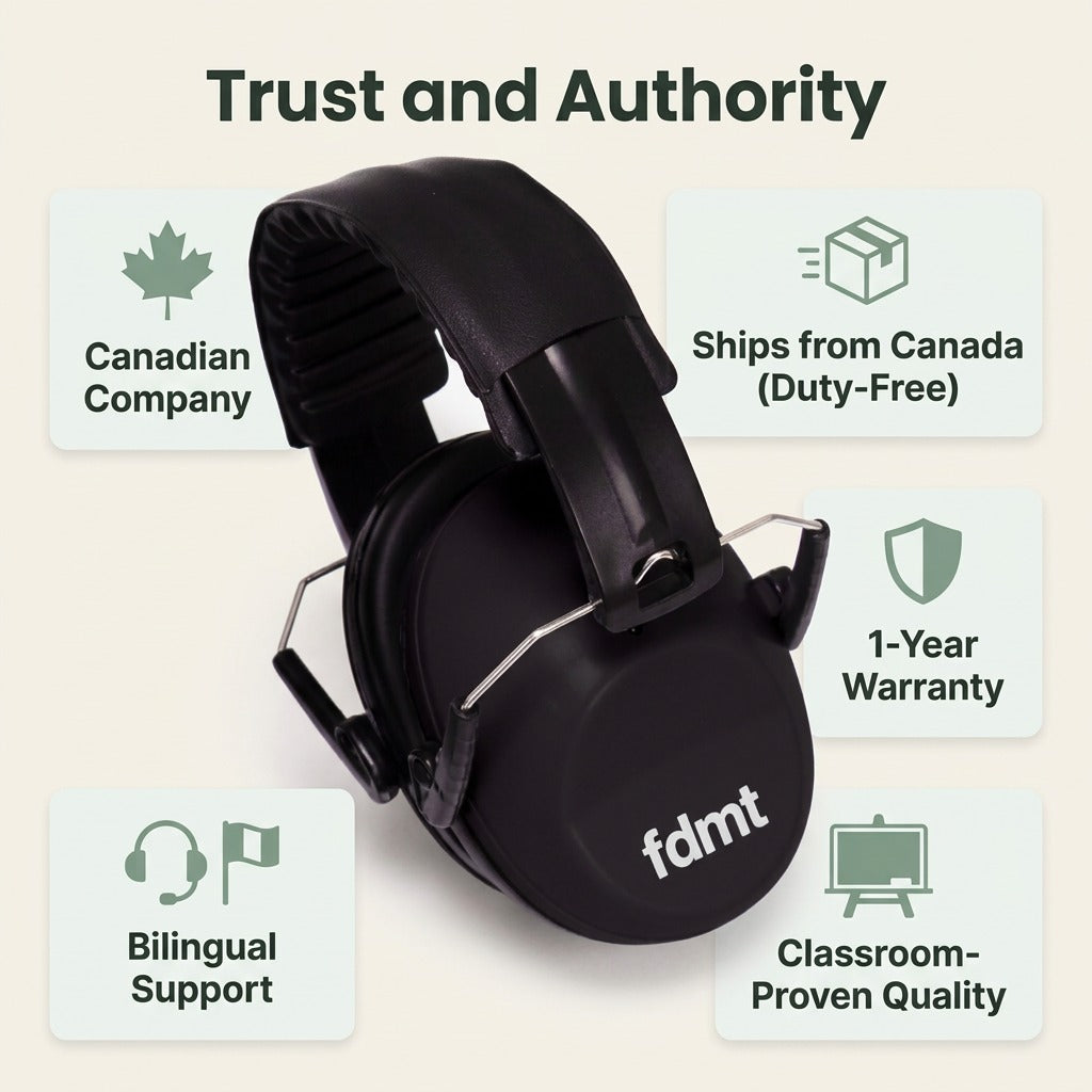 Black fdmt noise-reducing earmuffs with trust badges highlighting Canadian shipping and warranty.