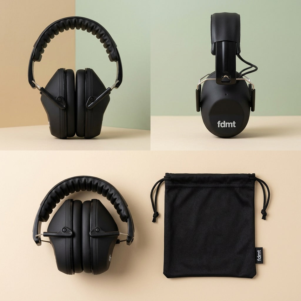 fdmt black noise-reducing earmuffs shown in front, side, and folded views with drawstring pouch.