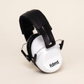 fdmt noise-reducing earmuffs in white with a padded black adjustable headband on a neutral background.