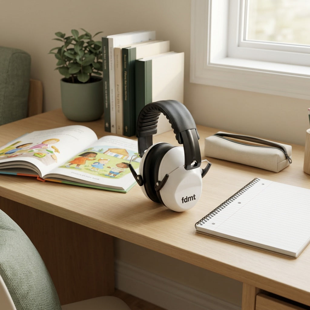 fdmt noise-reducing white earmuffs on a wooden desk next to a notebook, pencil case, and book.