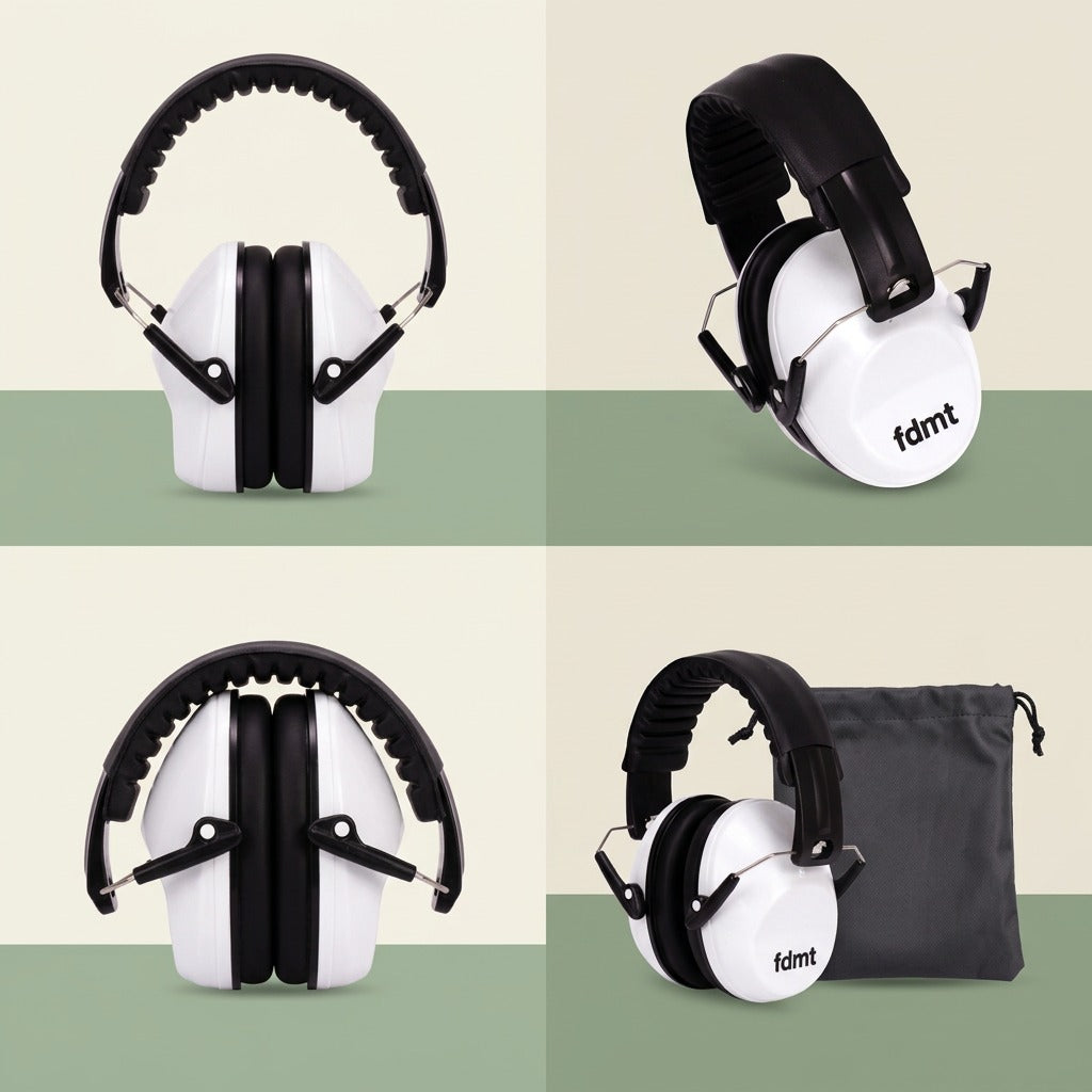 Four-angle grid of white fdmt noise-reducing earmuffs showing extended, folded, and pouch views.