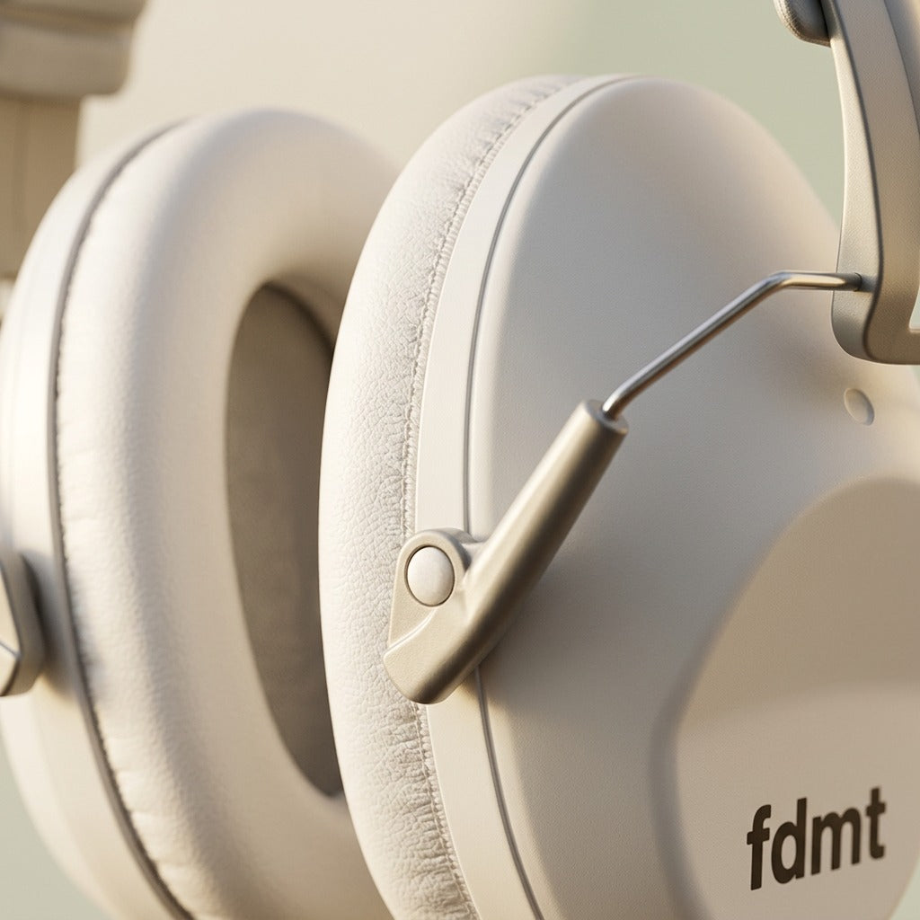 Close-up detail of fdmt white noise-reducing earmuffs showing plush ear cushions and pivot joint.