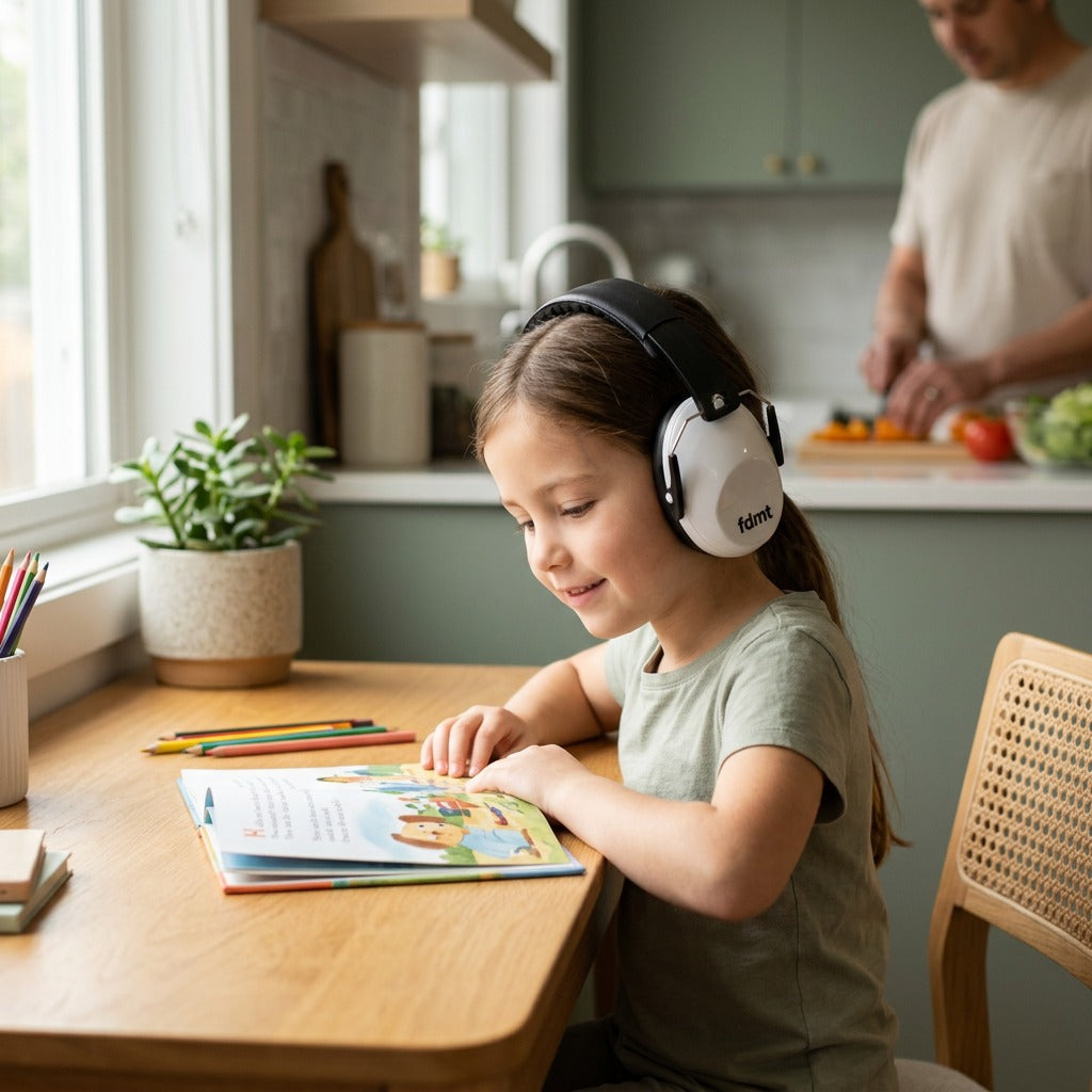 Child reading at a kitchen table wearing white fdmt noise-reducing earmuffs for focused quiet.