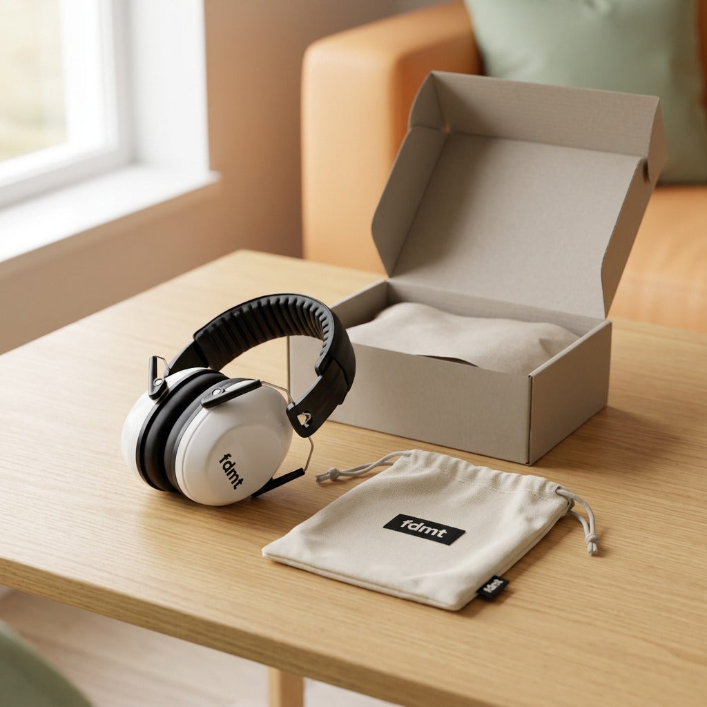 White fdmt noise-reducing earmuffs next to their drawstring pouch and open packaging box.