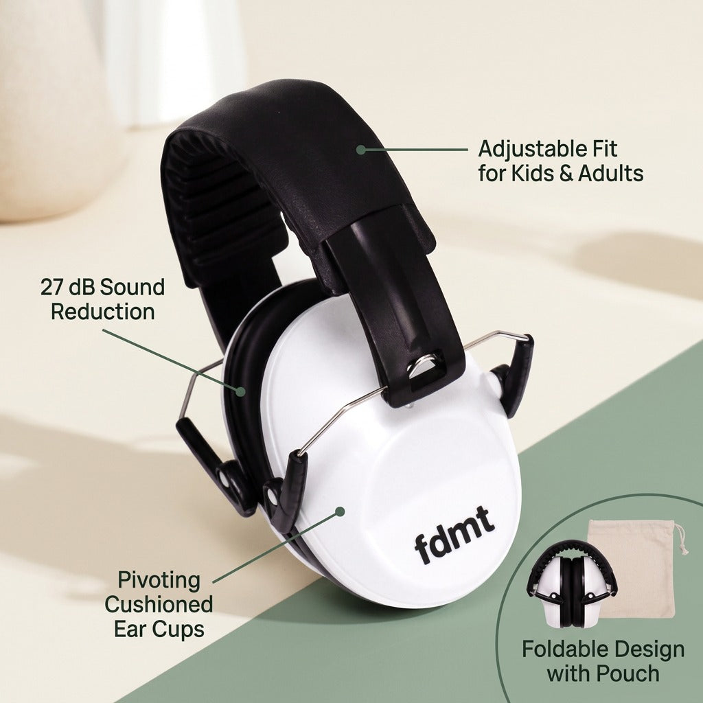 White fdmt noise-reducing earmuffs showing features like 27 dB sound reduction and foldable design.