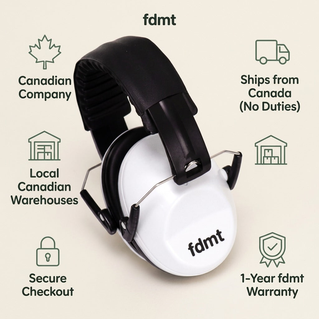 fdmt white noise-reducing earmuffs with trust badges for Canadian shipping, warranty, and security.